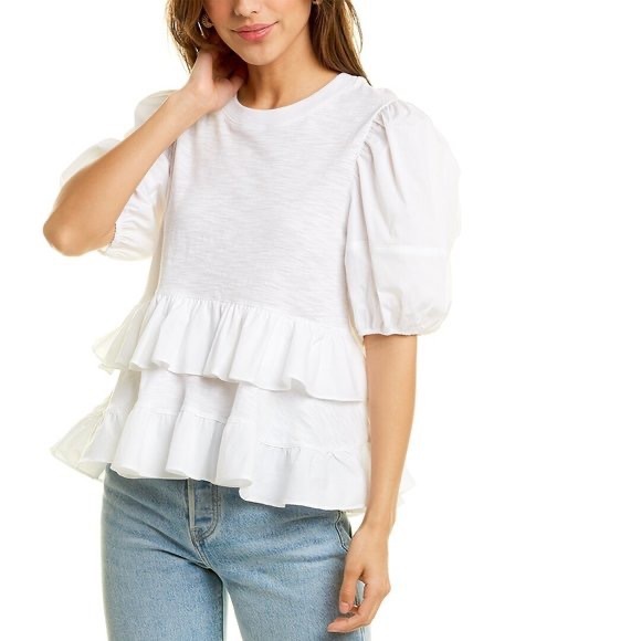 Cinq à Sept Trish Tiered Ruffle Mixed Media Cotton Top size S NWT Crew Neck - Picture 2 of 11